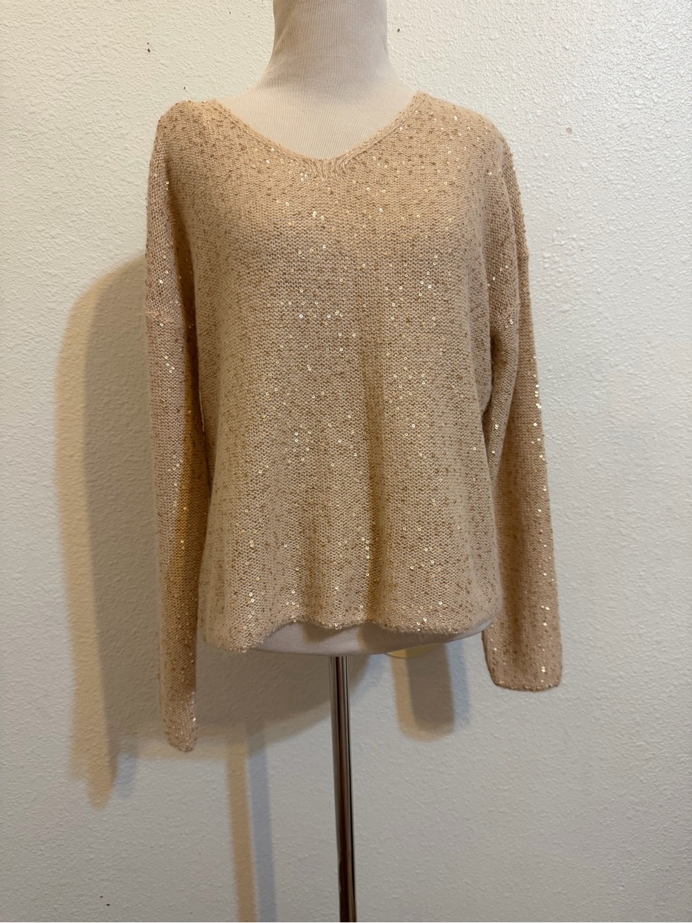 Garnet Hill Cream Sequin V-Neck Shimmering gold sweater holiday,parties ,fashion
